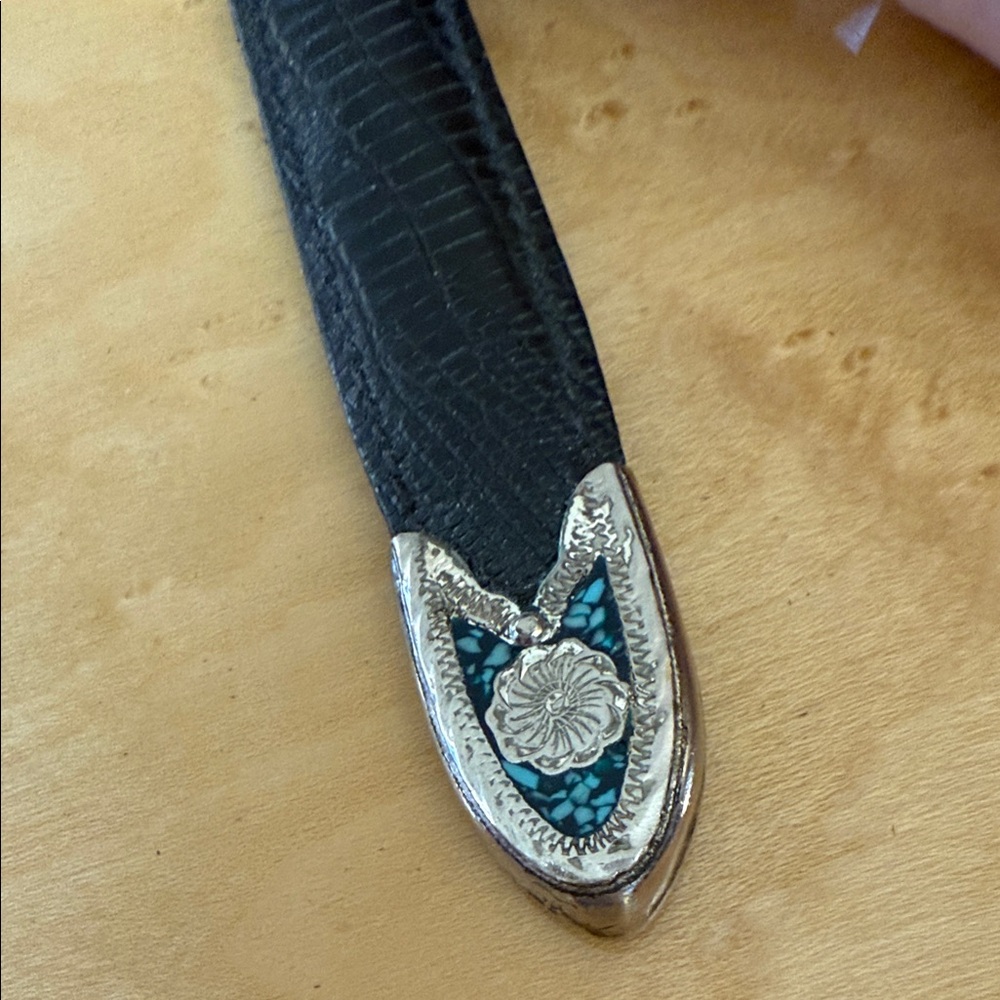 VTG. Al Berres Siver Embossed Elegant Black & Turquoise Embellished Belt Sz. 26 - Picture 5 of 9